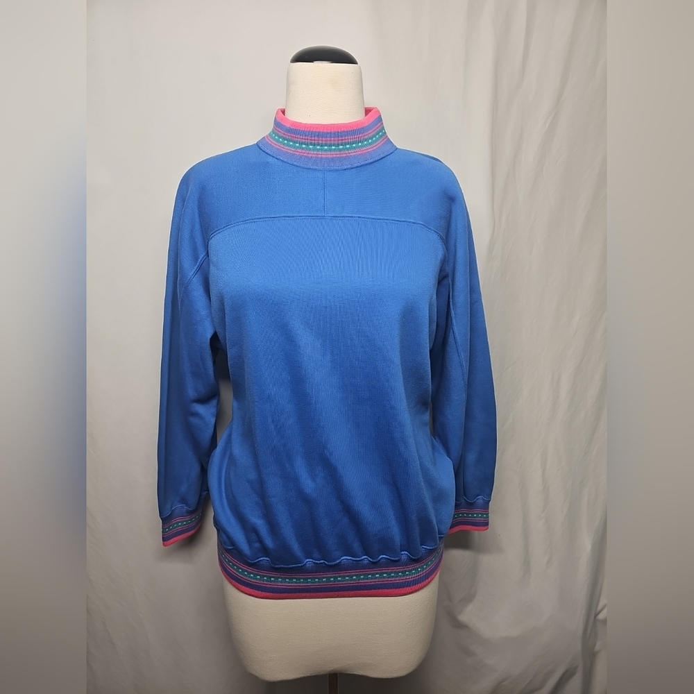 Blue and Pink Cowl Neck Sweater with Turtleneck Style